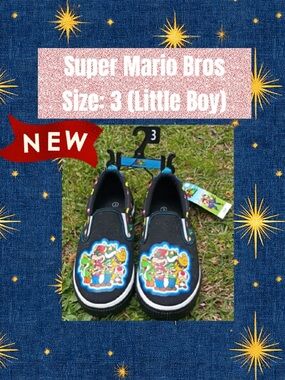 Kids Super Mario Black Slip-On Sneakers with Character Art